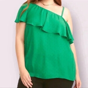 Torrid | Green & White Polka Dot Georgette One Shoulder Top / Blouse Size M (00)